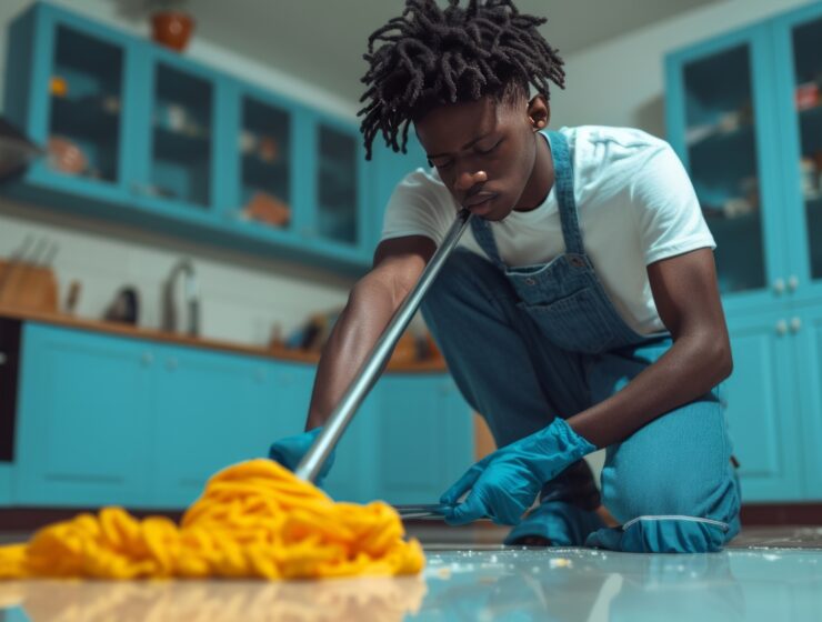 Young man mopping the floor with his T-shirt.